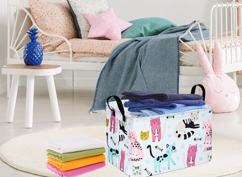 Image of Rectangle Gift Storage Basket Home Shelf Storage Basket Organizer Box Clothes Laundry Hamper Nursery Basket Laundry Basket with Handles (Cat)