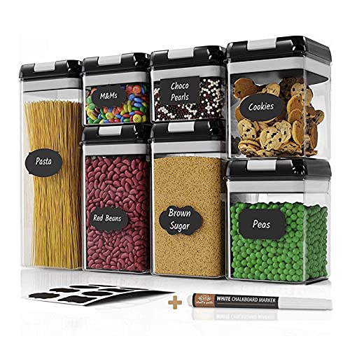 7-teilige von Vorratsdosen Set, Aufbewahrungsbox mit Deckel, Vorratsbehälter für Küche Aufbewahrung & Organisation für Mehl, Zucker, Müsli BPA-Freie Plastik mit Etiketten Kuli, und Marker (Schwarz) Cover