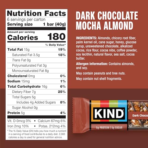 Image of KIND Healthy Snacks Bars, Dark Chocolate Mocha Almond, Gluten Free, Low Sugar, High Fiber Snacks, 5g Protein, 6 Count