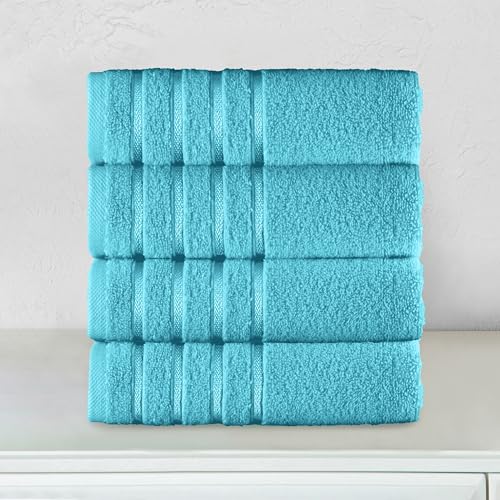 Image of Elegant Comfort 100% Turkish Cotton 4 Lines Viscose Stripe Luxury 4 Pack Hand Towel Set - Ultra Absorbent and Soft 16 x 28 Inch Premium Hotel Spa Quality Towels for Everyday Bath Use, Aqua