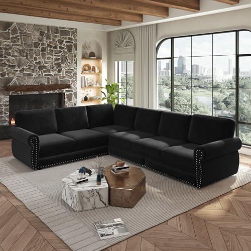 Image of KCGKCG 118 inch Sleeper Sofa Bed, Sectional Couches for Living Room /Apartment, Chenille L Shaped Couch with Pull Out Couch Bed, Convertible Sectional Sofa with Rolled Arm & Nailhead Trim, Black