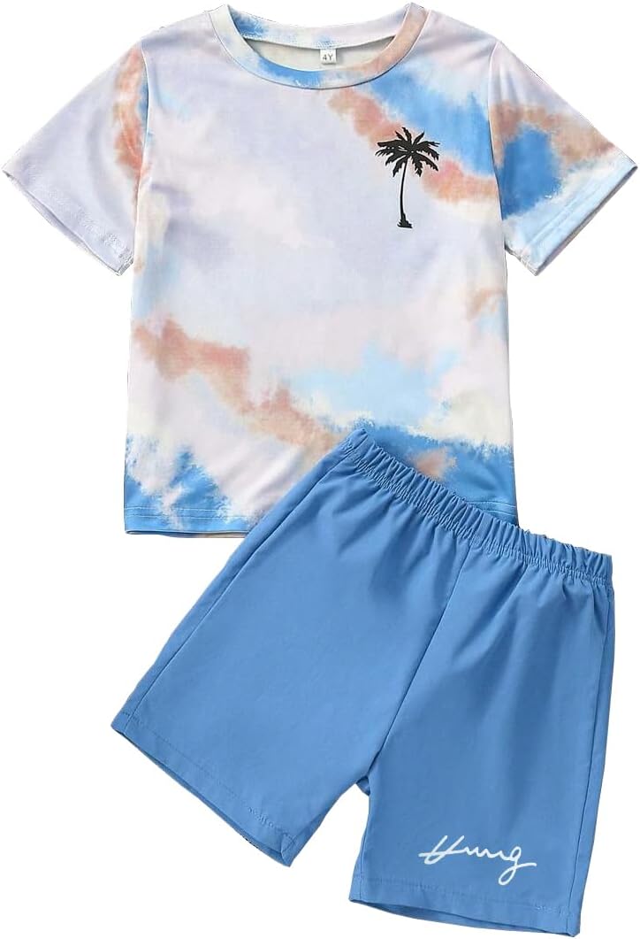 Kid Toddler Baby Boys Clothes Tie-dye Palm Leaf Top 2Pcs Summer Shorts Set
