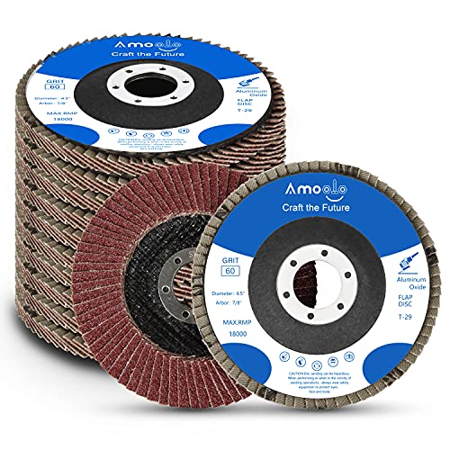 amoolo 4 1 2 Inch Flap Disc, 10PCS-60 Grit Angle Grinder Sanding Discs, High Density Abrasive Grinding Wheels Type 29 for Metal Wood Grinding (7 8 inch Arbor Size)