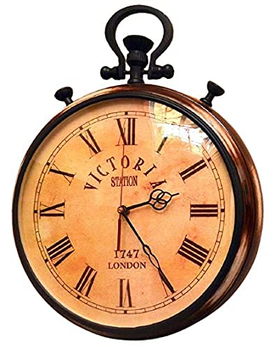 ART N CRAFT 15" Vintage Wooden Wall Clock with Pure Brass Ring Silent Analog Display Handmade Antique Style Round Clock for Living Room, Home, Office, Decor, Wall Hanging, Timepiece