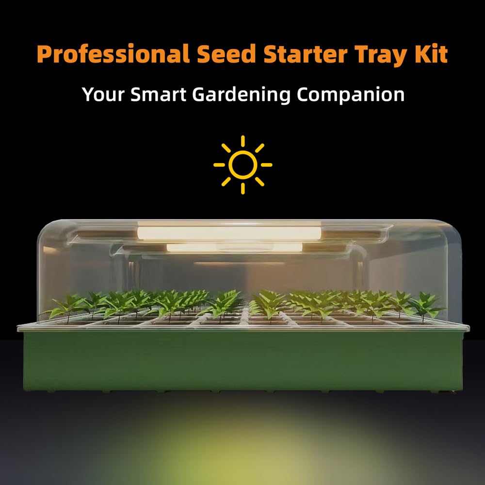 KSONE Bandeja de inicio de semillas con luz de crecimiento, paquete de 2 bandejas de semillas de 80 celdas con cúpula de humedad/kit de inicio de plantas de interior, bandejas de germinación de