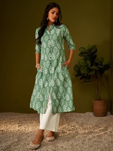 Image of DRESOUL Women's Cotton A-Line Calf Length 3 /4 Sleeve Ethnic Kurti