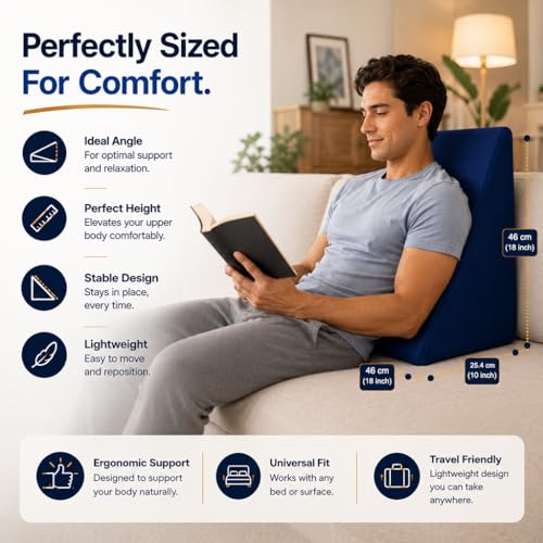 Image of Wedge Pillow for Bed | Back & Neck Support Pillow for Sleeping & Reading | Bed Wedge Pillow for Acid Reflux, Back Pain & Legs Elevation | Pregnancy Support Pillow with Comfortable Foam - Blue