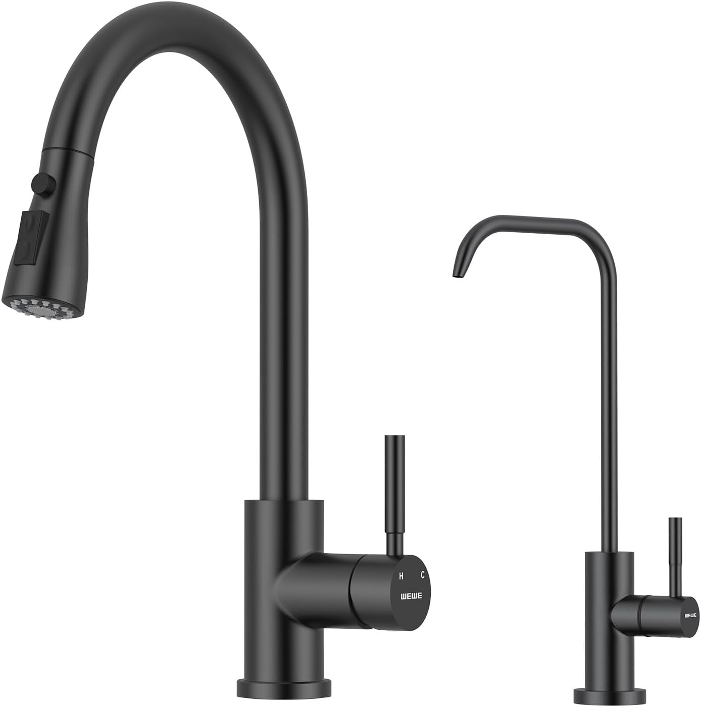 WEWE Kitchen Faucets with Pull Down Sprayer, Stainless Steel Single Handle 1 Hole for Family Kitchen with WEWE Drinking Water Faucet, Matte Black