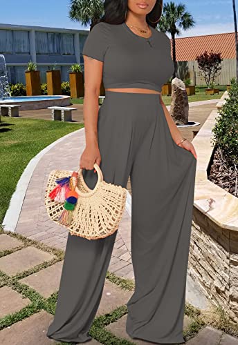 Image of Casual Summer 2 Piece Outfits for Women Crop Top High Waist Pants Sets