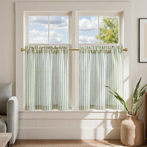 jinchan Linen Kitchen Curtains 24 Inch Length Striped Tier Curtains Ticking Stripe Small Drapes for Living Room Bathroom Cafe Small Window Farmhouse Rustic Pinstripe Rod Pocket 2 Panels Sage Green