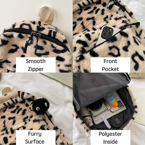 JHTPSLR Leopard Furry Backpack Soft Plush Backpack Fuzzy Backpack Book Bags Trendy Backpack Cute Stylish Winter Casual Daypack (Khaki)3