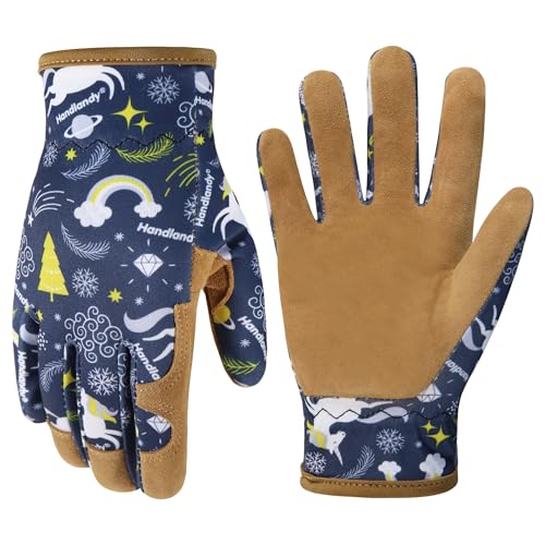 HANDLANDY Kids Genuine Leather Gardening Gloves for age 2-9 Children Work Gloves for Boys Girls Toddlers (Blue M)