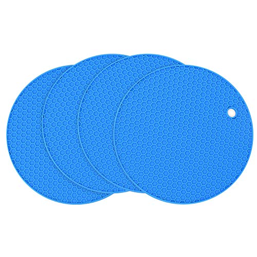 BYbrutek 4er Set Topf Untersetzer, Silikon Topflappen Hitzebeständig bis zu 230°C, Wabenmuster, Spülmaschinenfest (Blau Runde) Cover