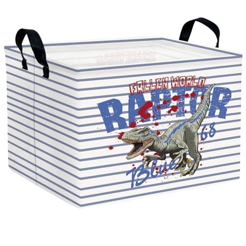 Image of Kid Dinosaur Storage Basket, Blue Striped Tyrannosaurus Rex | Rectangular, Collapsible, Room Decor, Nursery Gift Basket, Baby