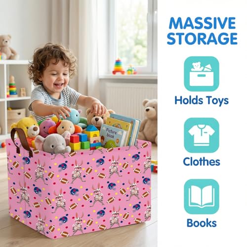 Image of Large Cute Easter Basket for Kid Empty Gift Baby Rectangle Storage Bin Bunny Eggs Boy&Girl Room Decor (Rabbit Rugby Pink)