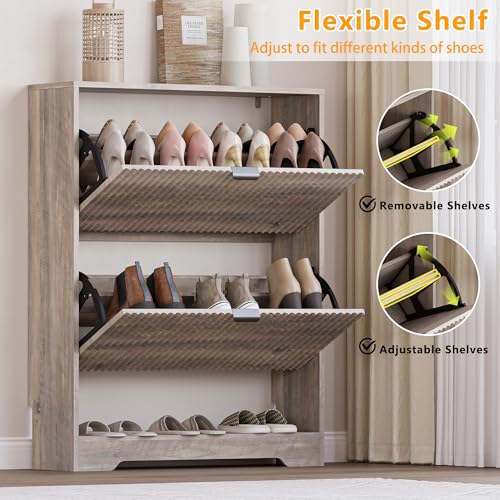 Image of BORNOON Shoe Cabinet with 2 Flip Drawers, Fluted Shoe Storage Cabinet with Adjustable Shelves, Freestanding Rack and Organizer for Entryway, Closet, Hallway