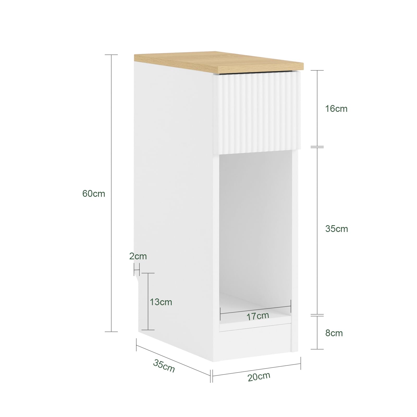 SoBuy Table de Chevet etroite 20cm avec façade ondulée de tiroir 20x35x60cm | Table de Nuit Table d'appoint avec design de plinthe, gain de place pour chambre, salon et petits espaces, Blanc, FBT111-W