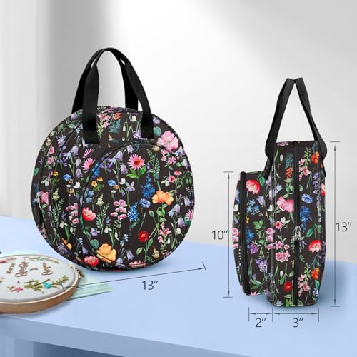 Image of FINPAC Embroidery Project Bag, Embroidery Supplies Storage Carrying Tote Case with Multiple Pockets for Floss, Hoops, Thread, Stitch Tools Kit [Bag Only] (Black Floral)