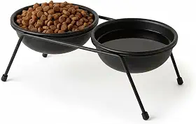 Comedouro Elevado Duplo Cães Gatos Pequenos Suporte Metálico Premium 25cm, 2 Tigelas 300ml Plástico Anti-Derrapante Ergonômico Previne Refluxo Artrite Preto Moderno