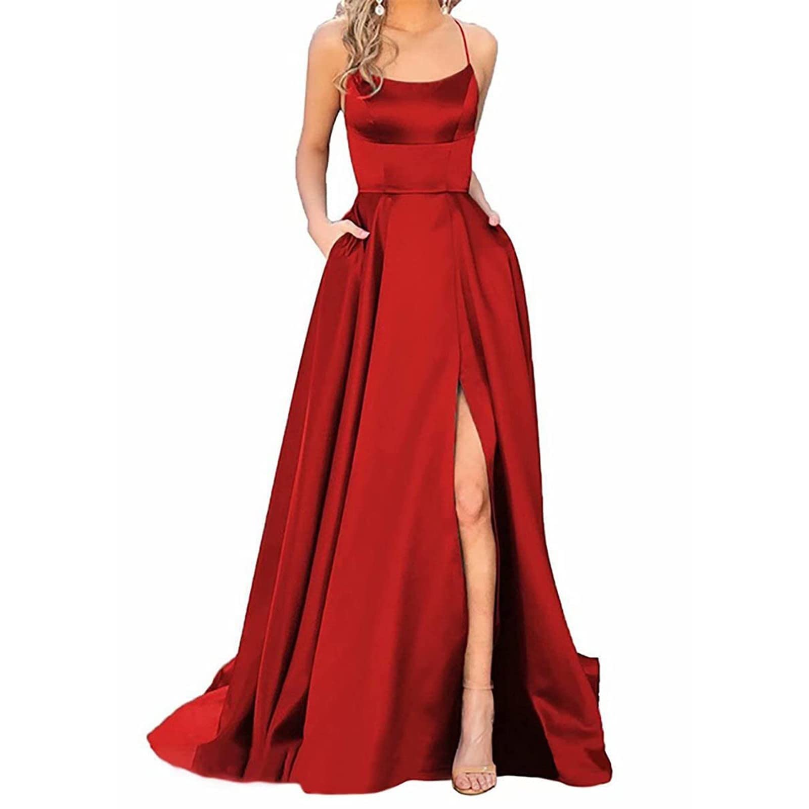 Generisch Jugendweihe - Vestito lungo al ginocchio, da donna, lungo, elegante, senza schiena, lungo, lungo, con spacchi laterali, per feste