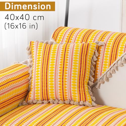 Image of HOKIPO 'Artisan Boho Series' 450 GSM Cushion Cover with Tassels | Cotton Acrylic Jacquard | 16x16 Inch (40x40 cm) | Pack of 2, Mustard Yellow (IN-905-A1*2)