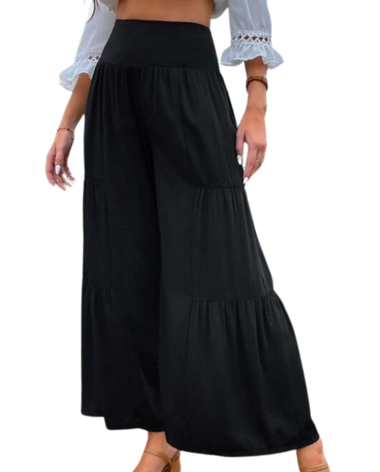 LIZALIG Womens Cotton Linen Wide Leg Pants High Waisted Palazzo Beach Casual Flowy Loose Pants Baggy Tiered Flared