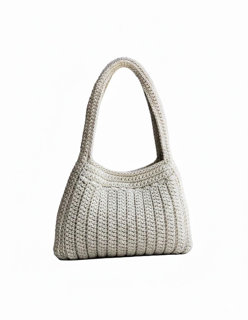 decofay Crochet Shoulder Bag, Beige, Handmade Knit Tote, Pleated Design, Casual Hobo Style-picture-22