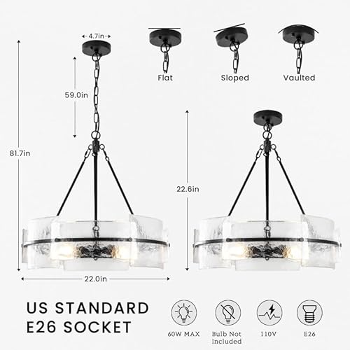 Corlaceling Modern Dining Room Chandelier 22 Inch Black Textured Glass Chandelier Luxury Drum Crystal Light Fixture Farmhouse Round Hanging Lighting For Dining Room Kitchen Island Living Room Hallway Bedroom thumb #4