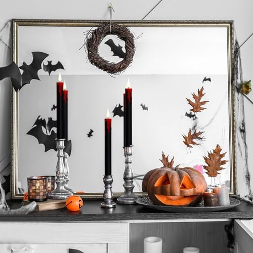 Image of Black Flameless Taper Candles Flickering with Remote and Timer, Blood Dripping Wax Effect Battery Operated Yellow Light LED Taper Candles Dinner Halloween Spooky Decor(4 Pack, 0.78 inch x 8.9 inch)