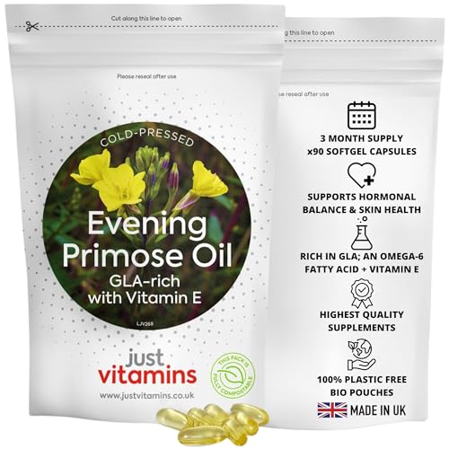 Evening Primrose Oil 1000mg | Cold Pressed | with Vitamin E, Omega 6 & 80mg GLA | 90 Softgel Capsules | for Skin, Hormonal & Joint Support | UK Made - Just Vitamins