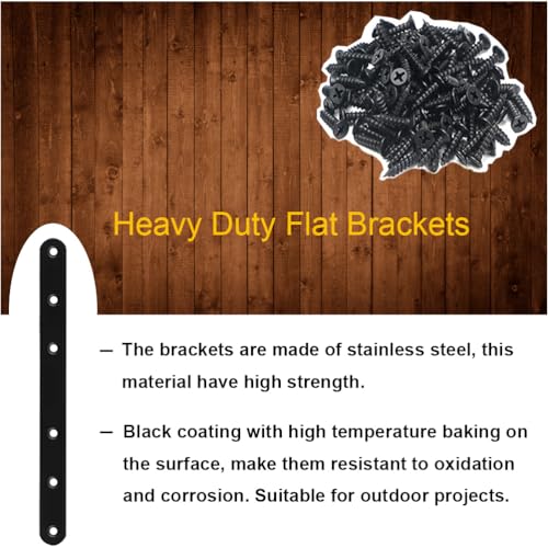 Image of 4 Pcs Black Flat Bracket 8 Inch Stainless Steel Straight Braces, Mending Plates Repair Fixing Brackets Heavy Duty Straight Repair Joining Plates with Screws