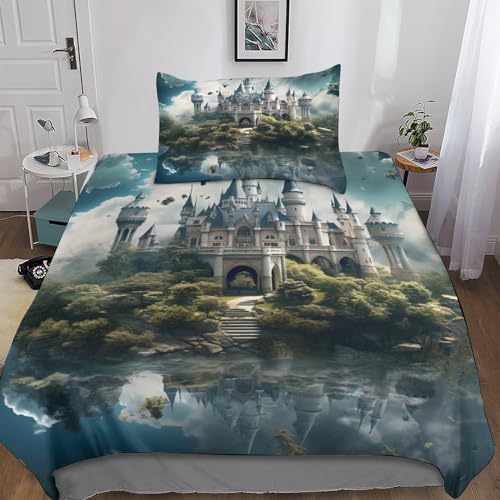 Castillo Mágico Juego De Funda Nórdica 3D Estilo Europeo Juego De Cama Microfibra Suave 2 Piezas Cubierta De Colcha con Cierre De Cremallera Y Fundas De Almohada Single（135x200cm）