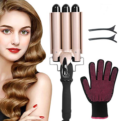 Fer à boucler onduler, 3 Barils Fer à Onduler Friser Cheveux Curleur Céramique, Bigoudi Styling Outils Cheveux, Affichage LCD de la températuree(0 to 210 °C)-22mm