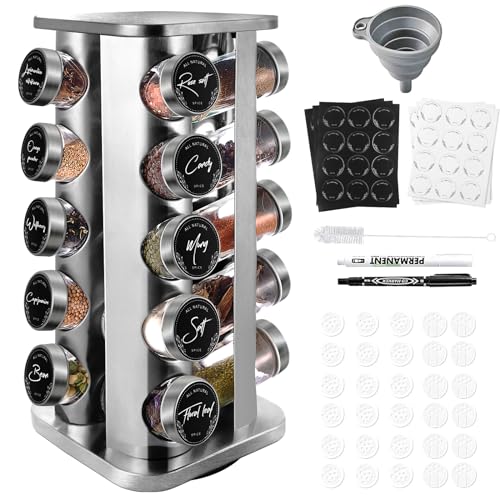 Miorkly Soportes para Botes de Especias Giratorio 360° con 20 Botes para Especias,Especieros para Cocina Cuadrado-Tarro de Especias con Tapa de Acero Inoxidable,Especieros