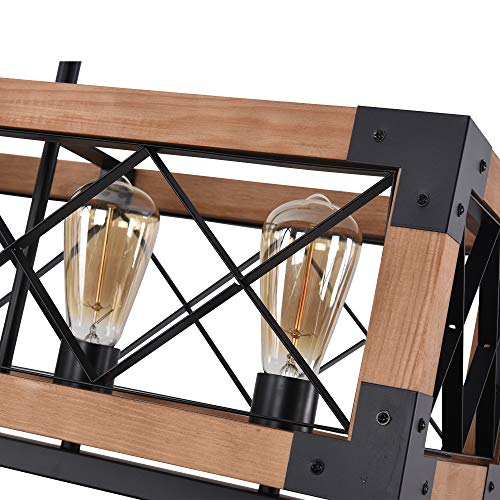 Image of Island Light Fixtures Pendant Rectangular Wood Farmhouse Chandelier for Dinning Rooms 5-Light Linear Kitchen Island Lighting