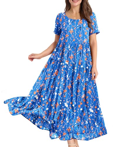 Image of YESNO Women Casual Loose Bohemian Floral Dress with Pockets Short Sleeve Long Maxi Summer Beach Swing Dress EJF