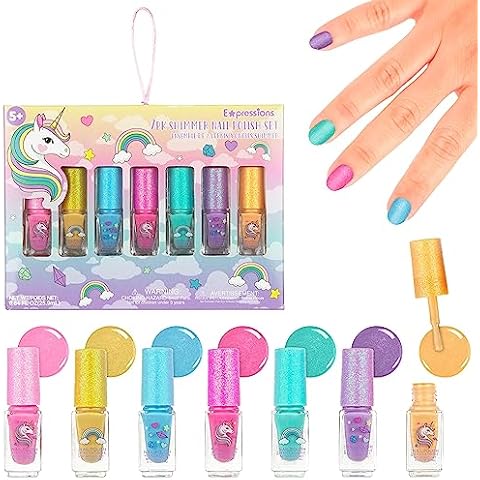 Expressions 7pc Unicorn Shimmer Nail Polish Set for Girls - Glitter Cap Shimmering Manicure Set, Safe and Non-Toxic Pedicure Kit, Quick Dry Nail Polish in Assorted Vibrant Shades Cover