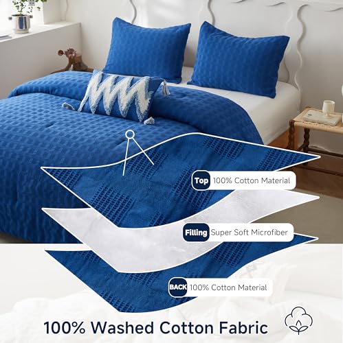 Image of Simple&Opulence 100% Cotton Waffle Weaving Comforter Set-2 Pieces Bedding Set(1 Comforter and 1 Pillowcase), Lightweight Soft Breathable Comforter Bed Sets for All Season(Navy Blue, Twin)
