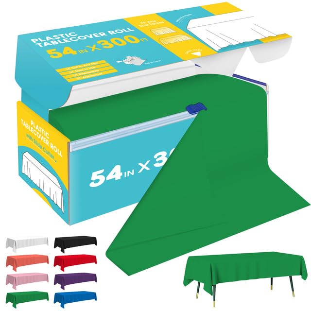 Image of Niuara Green Plastic Table Cover Roll - 54IN x 300FT, Table Cloth for Rectangle Table with Slide Cutter, Plastic Table Cloth Disposable with Cut-to-Size Design for Weddings, Banquets, Parties