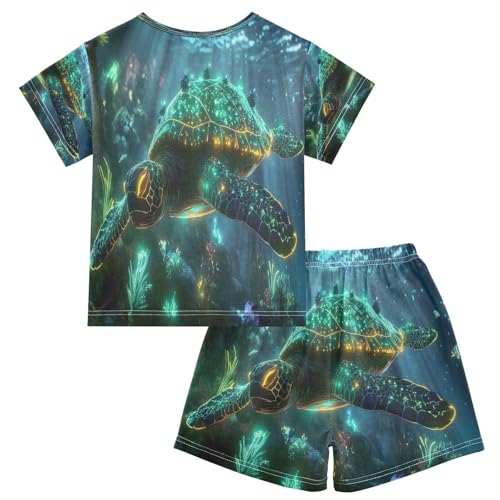 ALAZA Glowing Turtle Ocean Sea Pajamas Set Short Sleeve Cotton Sleepwear Summer Pjs 2 Piece 5-14Y2