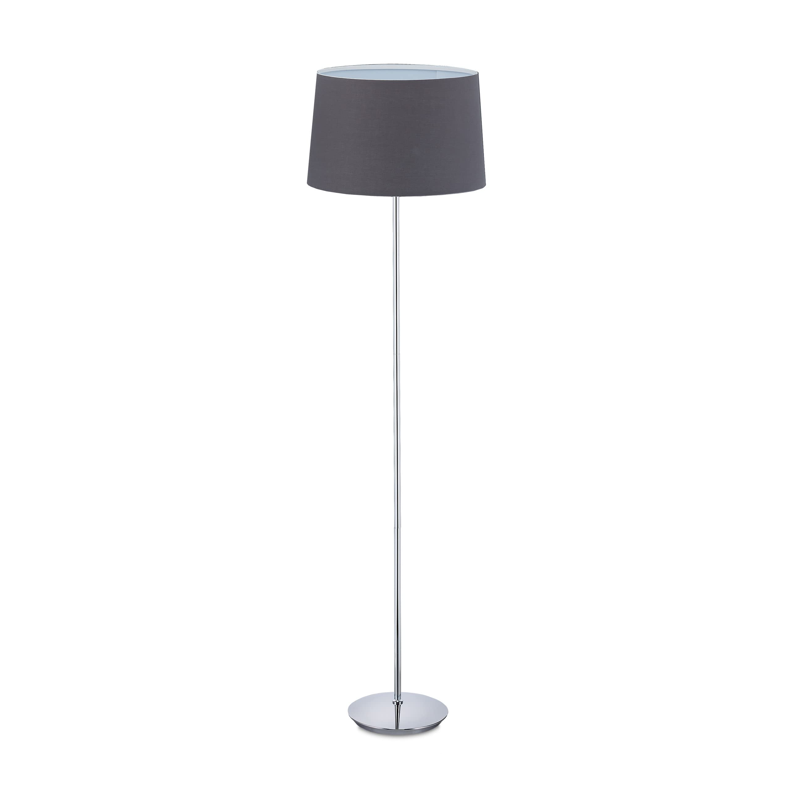 Relaxdays Lámpara Pie Cromado con Pantalla Textil Ø 40 cm, Luz Pie 148,​5 cm Salón, Lámpara Pedestal E27, Gris