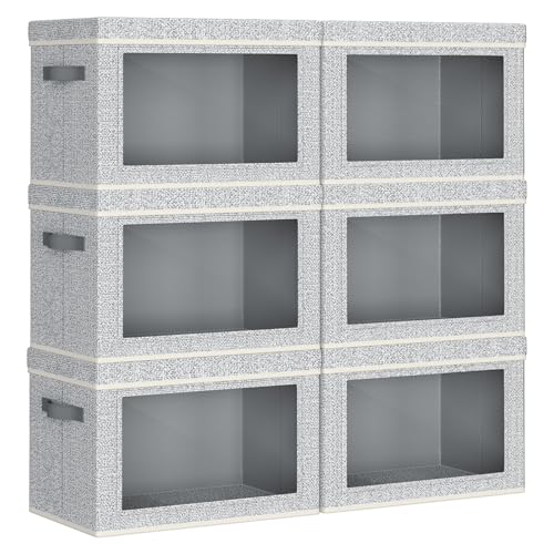 Image of Homsorout Collapsible Storage Bins with Lids - Stackable Storage Containers with Window, 6 Pack Fabric Cube Bins for Closet, Home & Office Organization Baskets, Light Gray, 14.9 inch x 9.8 inch x 9.8 inch