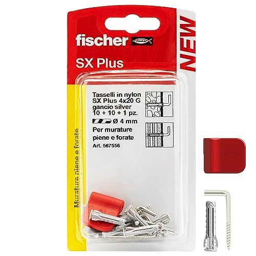 Fischer 10 ganchos para colgar cuadros plateados con tacos de 4 mm y clip de fijación, instalación limpia en pared para marcos pesados, 567556