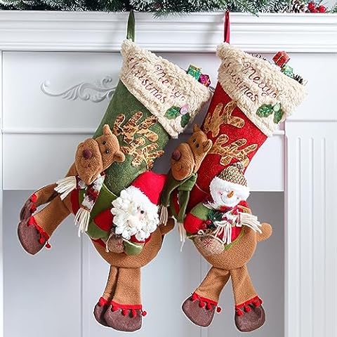 ACOOH 2Pack Christmas Stockings,16.5In Large Santa/Snowman Riding Deer Xmas Stockings Decorations Hanging Christmas Tree Decor for Family Holiday Xmas Party Decor Cover