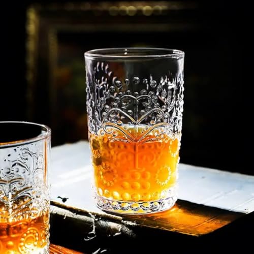 Image of PrimeWorld Romantic Embossed Water Glasses Set of 6 - 350ml | Vintage Clear Drinking Glass Tumblers for Juice, Whisky, Beer, Cocktails & Beverages