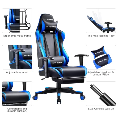GTPLAYER Gaming Chair with Footrest, Ergonomic Computer Game Desk Chair, Reclining Gamer Chair Seat Height Adjustment, Swivel Rocker with Headrest and Lumbar (Blue) - image 6