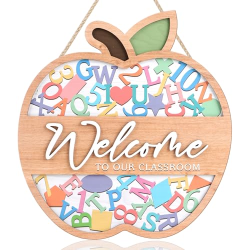 Image of HPNIUB 3D Welcome Sign for Classroom Door Decorations, Back to School Hanging Wood Sign(10.6x11.4inch), Colorful Apple-shaped Welcome to Our Classroom Plaque for School Bulletin Board Teacher Supplies