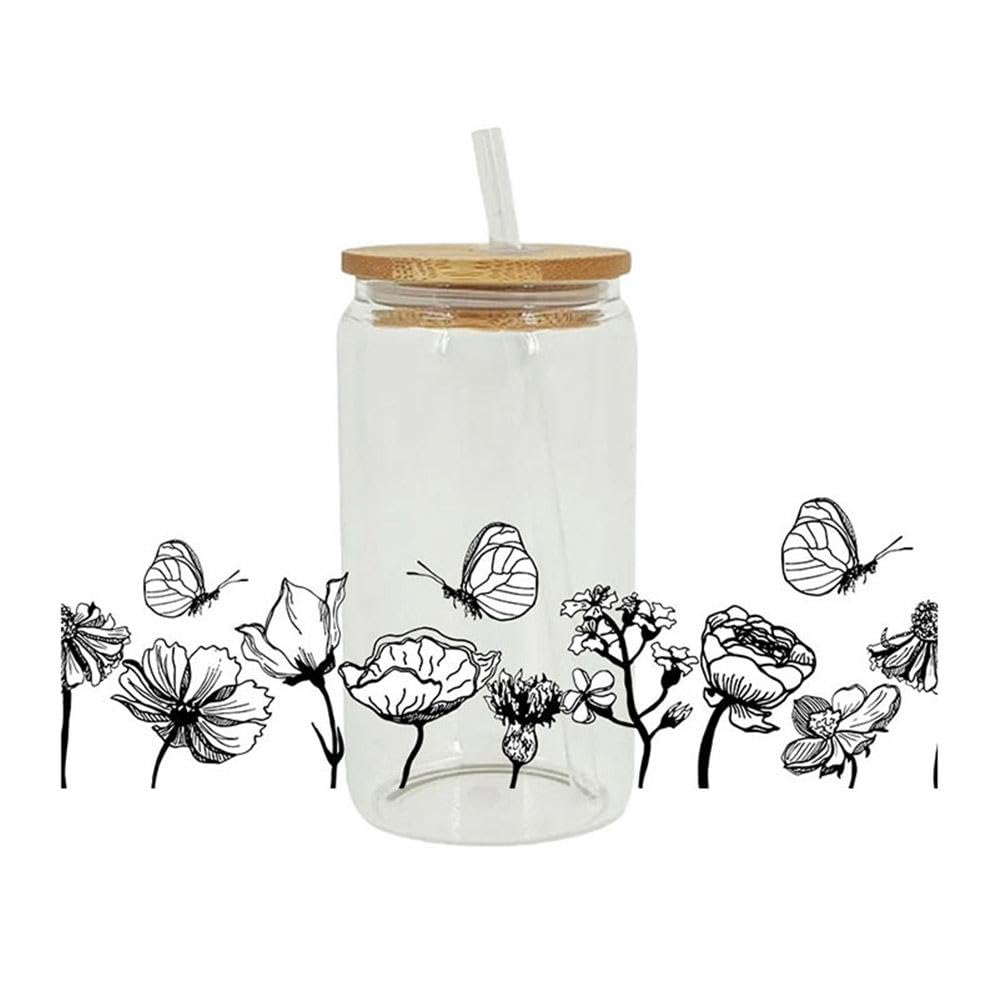 SUCADA UV DTF Cup Wrap, 1/7Sheets Flower Butterfly Coffee Cup Rub on Transfers for Glass Cups, UV DTF Cup Wrap Transfer Stickers Decals Waterproof Rub on Transfers for Glass Cups Crafts Vintage