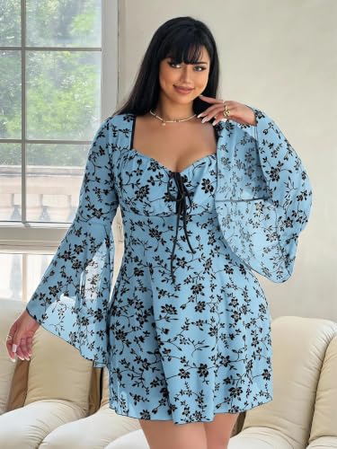 Image of Floerns Women's Plus Size Floral Gothic Dress Flare Long Sleeve Mesh Grunge A Line Dress