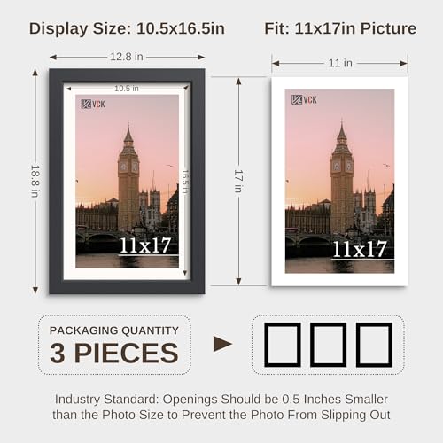 Image of VCK 11x17 Picture Frame Set of 3, Black Wood Frames, Gallery Wall Decor Photo Frames for Wall Mounting Horizontally or Vertically